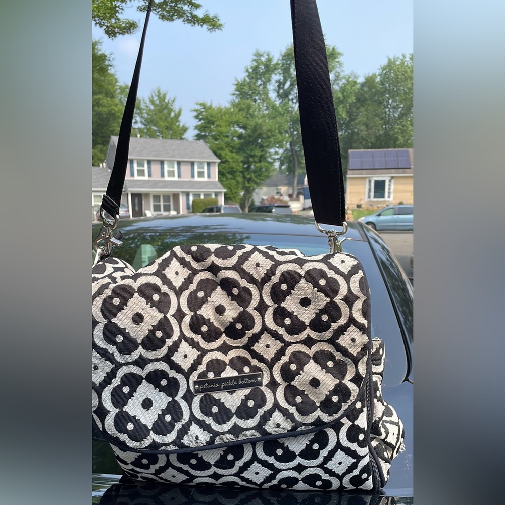 Petunia Pickle Bottom Boxy Diaper bag Backpack - Black and Cream Color Tapestry